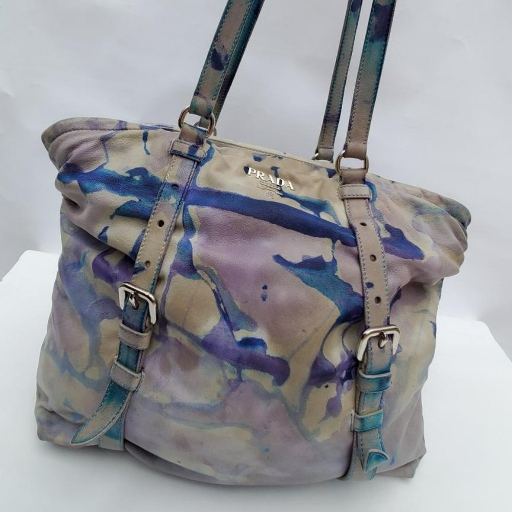 Prada Leather purse hobo tote bag tie dyed XL gray blue purple limited edition - Picture 3 of 16